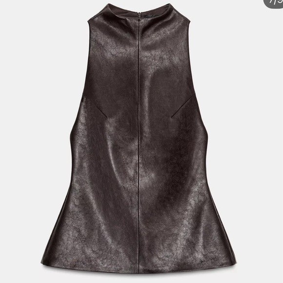 NWT Zara Brown Sleeveless mock neck Faux Leather Zip back Top - size XL - Picture 2 of 16
